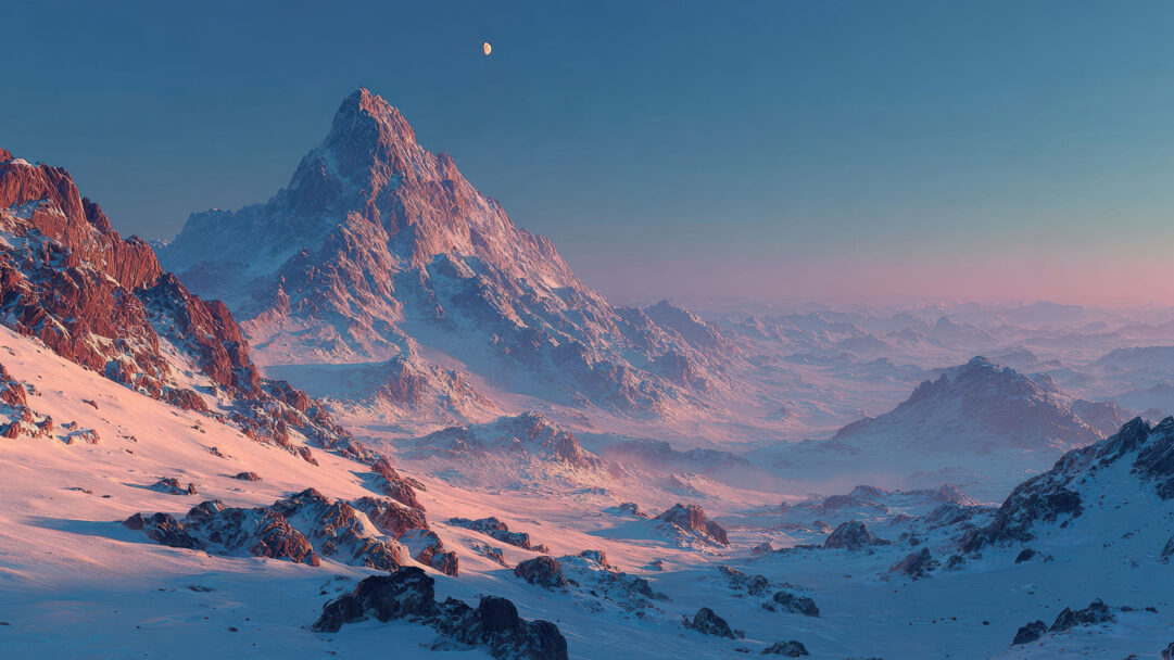 An expansive 4K wallpaper showcases a highly detailed, hyper-realistic alien snowy mountain landscape stretching across the horizon. Under a vast gradient sky, a bright crescent moon illuminates the colossal, snow-capped peaks that glow with ethereal pink and purple light amidst deep blue shadows.