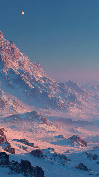 An expansive 4K wallpaper showcases a highly detailed, hyper-realistic alien snowy mountain landscape stretching across the horizon. Under a vast gradient sky, a bright crescent moon illuminates the colossal, snow-capped peaks that glow with ethereal pink and purple light amidst deep blue shadows.