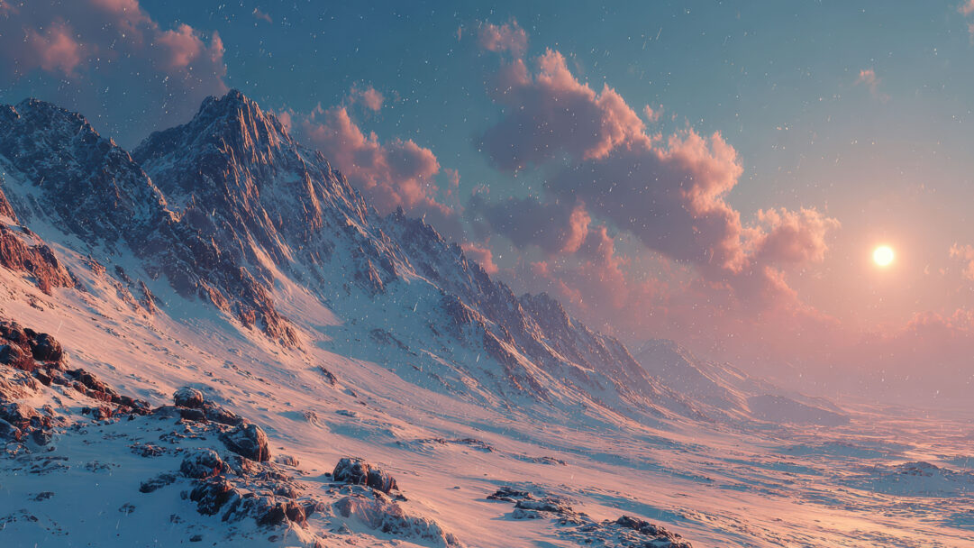 An ethereal 4K wallpaper showcases hyper realistic, rugged alien snowy mountains extending into a vast, stark landscape. The vibrant sunset bathes the peaks and sweeping snowfields in warm pink and golden light, creating a breathtaking contrast against the cool blues of the sky and the delicate, shimmering snowfall.