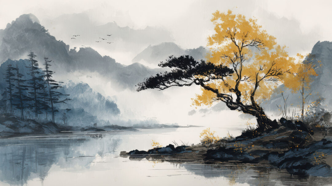 A tranquil 4K wallpaper portraying a Japanese Sumi-e landscape featuring a majestic golden-leaved tree on a rocky bank beside calm, reflective waters, with misty mountains in the background. The tree's vibrant golden foliage strikingly contrasts with the monochromatic blue and grey ink washes of the distant peaks and serene water, creating a profound sense of peaceful beauty.