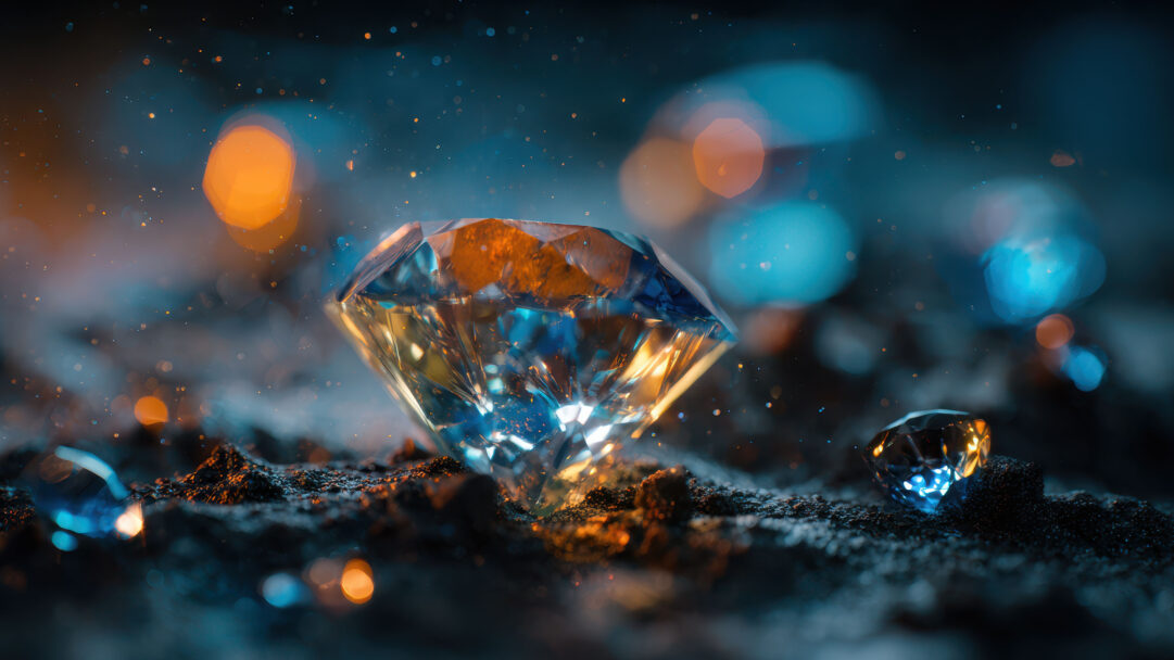 A captivating 4K wallpaper presents a macro view of a large, faceted diamond, brilliantly illuminated by striking blue and orange light, resting on a subtly textured dark ground. Its numerous facets reflect and refract the vibrant hues, creating a luminous, sparkling effect amidst a dreamy backdrop of scattered light particles and soft bokeh.