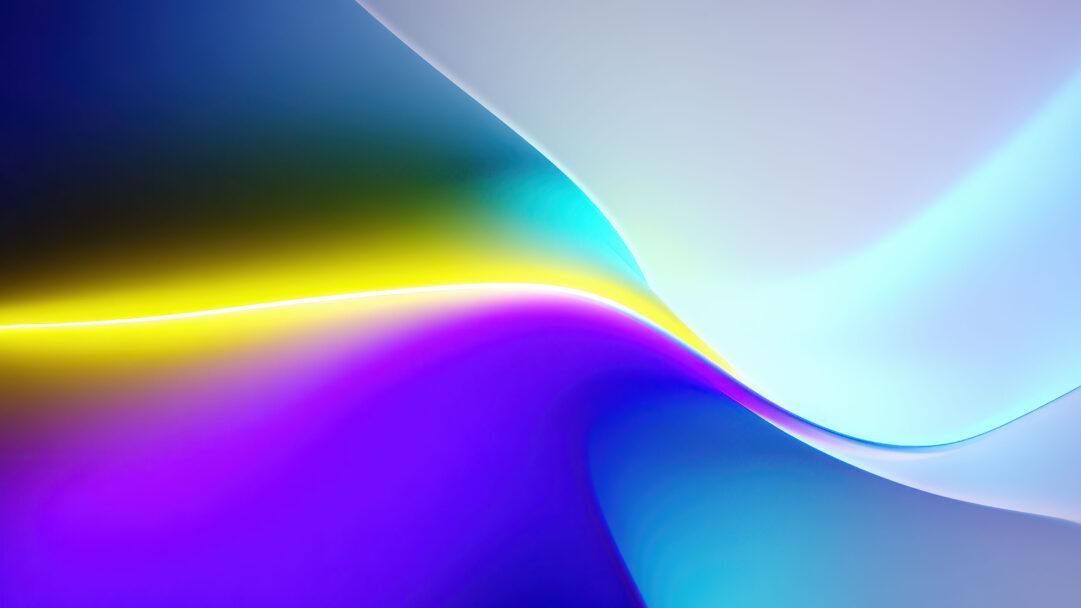 A vibrant 4K wallpaper showcasing flowing abstract curves and luminous color gradients, exemplifying modern digitl art in a dynamic setting. A brilliant, glowing arc of bright yellow and white light dramatically cuts across the composition, transitioning through deep purples and blues to soft, ethereal whites and aquas.