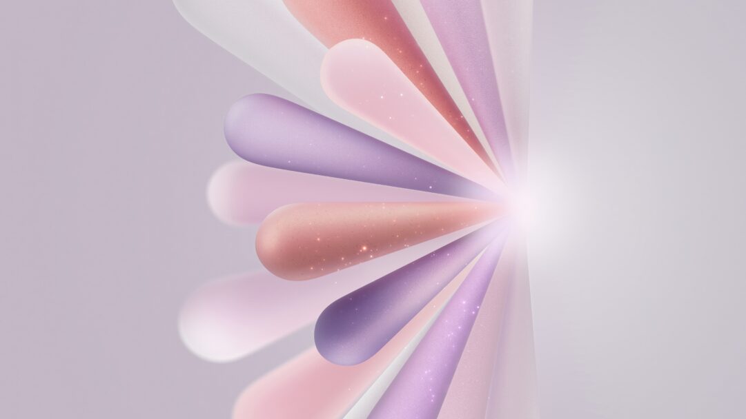A serene 4K wallpaper showcases a vibrant array of elongated, rounded abstract shapes in soft pastel pinks, purples, and whites, fanning out from a bright central glow on the right. Many of these textured shapes are adorned with subtle sparkles, radiating outwards from a dazzling light source, defining an ethereal and elegant mood.
