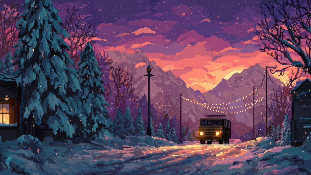 A captivating 4K wallpaper showcasing a pixel art truck driving along a snow-covered road in a serene winter evening landscape. The vibrant pixelated sunset sky casts warm hues across the fresh snow, beautifully illuminated by the truck's headlights and string lights, creating a peaceful, magical ambiance.