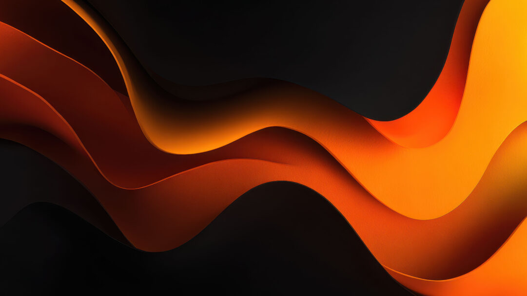 An elegant 4K wallpaper showcases sophisticated abstract waves, gracefully flowing in shades of vibrant orange, warm amber, and deep black across the entire display. The smooth, organic curves create a captivating dance of light and shadow, revealing subtle textures that enhance the modern and refined mood.