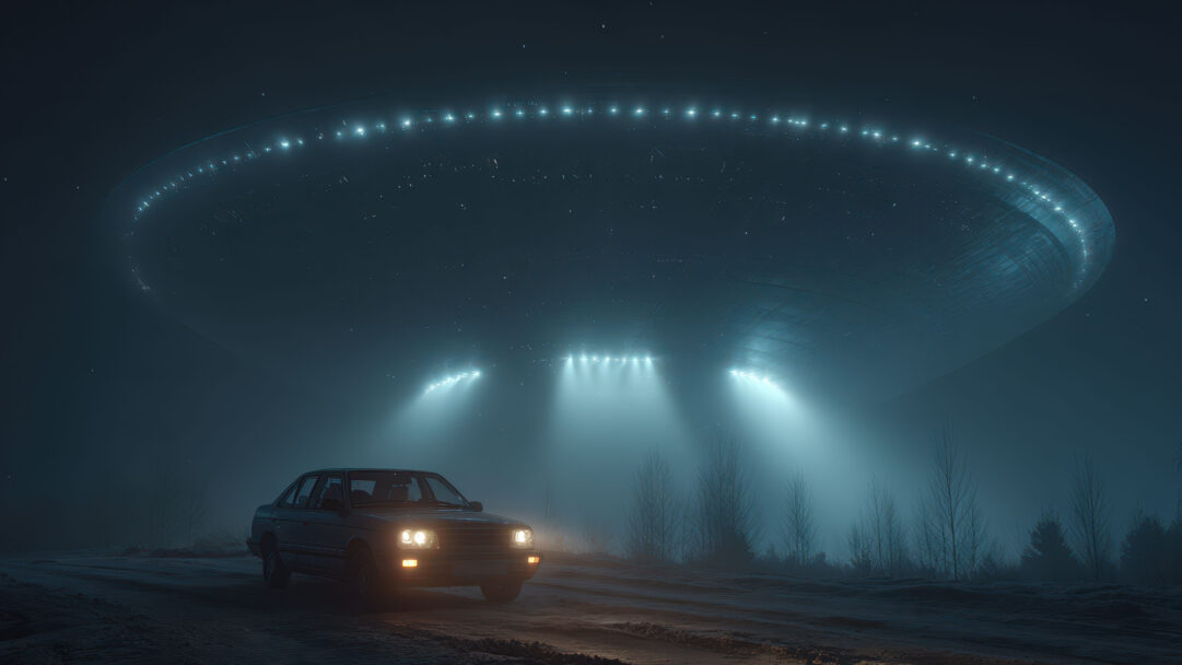 An eerie 4K wallpaper captures a vintage car parked on a dirt road at night, facing a colossal, illuminated UFO hovering in dense fog. The spaceship's radiant blue lights dramatically pierce the thick, swirling fog, casting an otherworldly glow over the desolate landscape and highlighting the car's small, isolated presence.