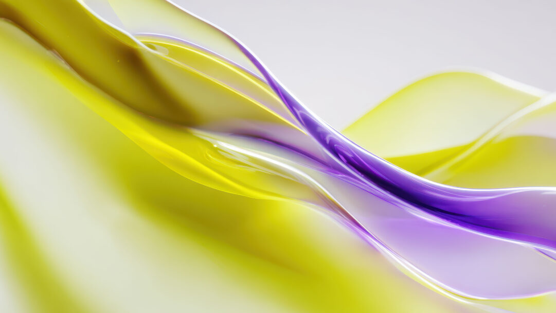 A vivid 4K wallpaper showcasing dynamic, flowing abstract energy fields that gracefully undulate across a soft gradient background. Its translucent, glossy waves feature a striking gradient transition from radiant yellow-green to rich purple, creating a sense of fluid, ethereal movement and glowing energy.