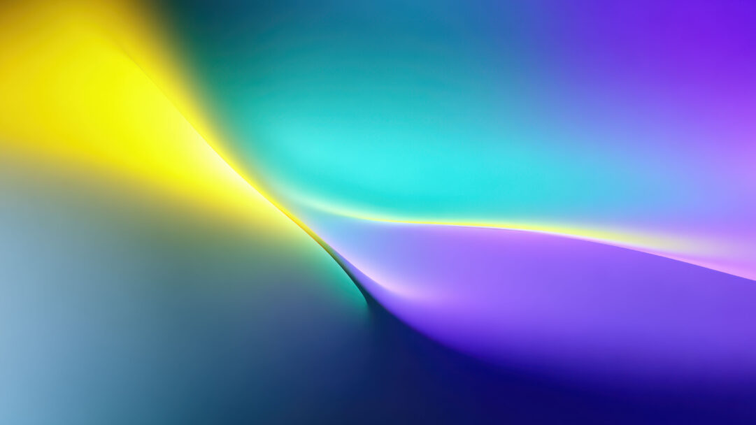 A captivating 4K wallpaper showcases an abstract wave design flowing across the screen, rendered in vibrant shades of yellow, teal, and purple. The dynamic interplay of these bright colors creates a luminous and engaging visual, highlighting the smooth contours of this digitl art piece.