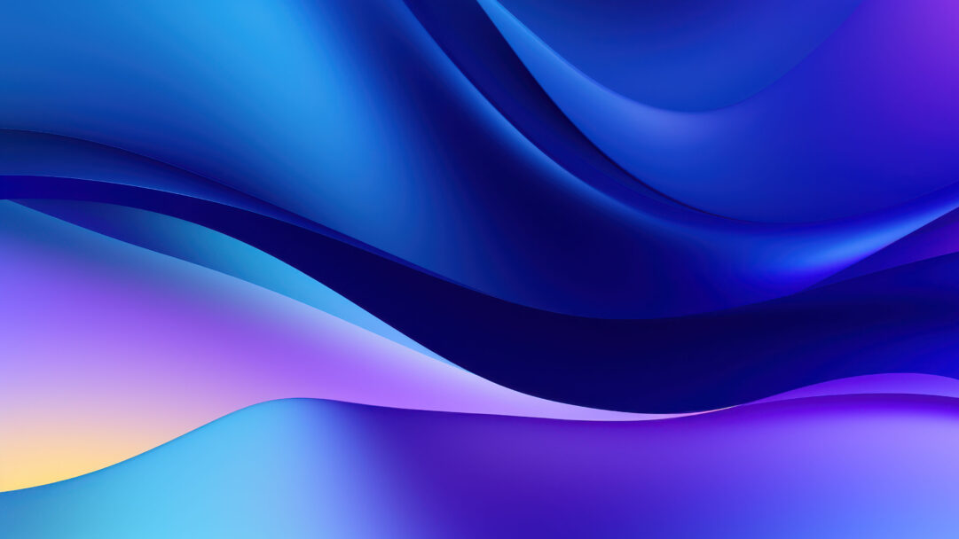 A mesmerizing 4K wallpaper displays smooth, flowing abstract wave forms crafted as stunning digital art, transitioning across a vibrant spectrum of deep blues and rich purples. Luminous highlights trace the gentle undulations, creating a sense of tranquil depth where blue and purple gradients shift dynamically, subtly touched by a soft yellow glow at the bottom.