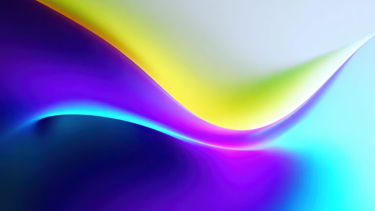 A captivating 4K wallpaper showcases an abstract, colorful, and wavy digital art design. The smooth, iridescent shifts from deep purple and blue to bright yellow and aqua create a serene yet vibrant atmosphere.