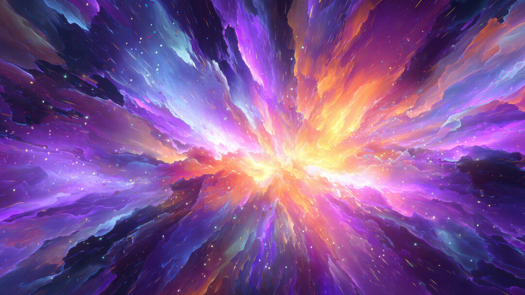 An exhilarating 4K wallpaper showcases an abstract cosmic nebula explosion, radiating immense energy from its core within the dark expanse of space. Brilliant bursts of glowing yellow and fiery orange surge outwards, blending into dramatic waves of deep violet, electric blue, and magenta, all interspersed with countless sparkling star-like particles that convey a dynamic, awe-inspiring celestial event.