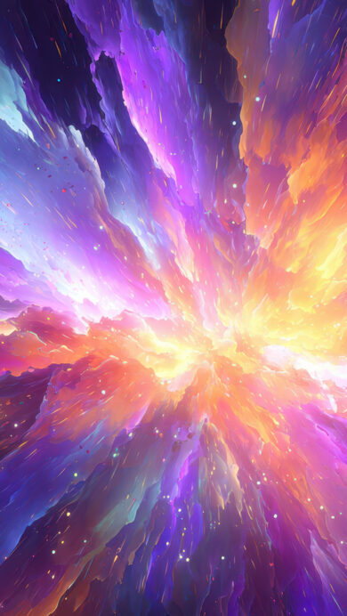 An exhilarating 4K wallpaper showcases an abstract cosmic nebula explosion, radiating immense energy from its core within the dark expanse of space. Brilliant bursts of glowing yellow and fiery orange surge outwards, blending into dramatic waves of deep violet, electric blue, and magenta, all interspersed with countless sparkling star-like particles that convey a dynamic, awe-inspiring celestial event.