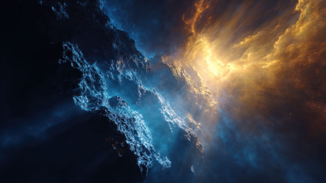 A cosmic 4K wallpaper depicts abstract dark rock formations rising dramatically from a deep, atmospheric setting. Intense blue light bathes one side of the rugged terrain, while a brilliant orange glow erupts from the other, casting fiery brilliance across the dark expanse.