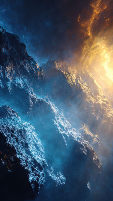 A cosmic 4K wallpaper depicts abstract dark rock formations rising dramatically from a deep, atmospheric setting. Intense blue light bathes one side of the rugged terrain, while a brilliant orange glow erupts from the other, casting fiery brilliance across the dark expanse.