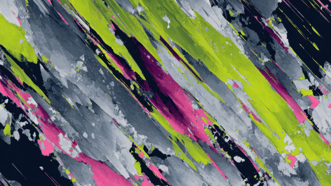 A captivating 4K wallpaper displaying abstract diagonal paint strokes in vivid green, bright pink, and various shades of gray across the frame. The textured brushwork, with its raw edges and subtle blending, evokes a powerful sense of dynamic movement and modern artistic expression.