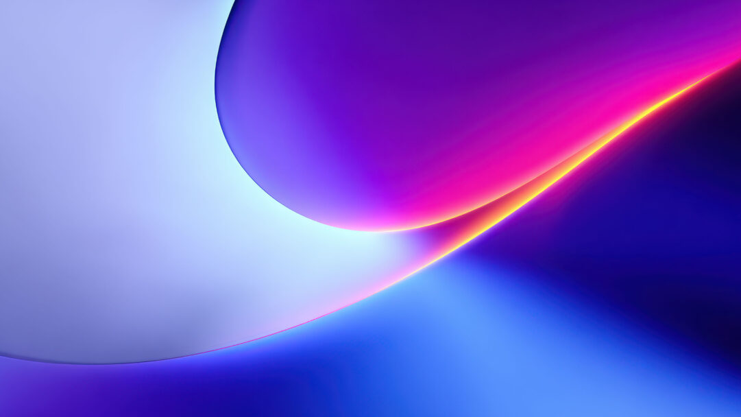 A captivating 4K wallpaper presents a dynamic abstract digital art composition featuring smooth, sweeping curves. Vivid gradients transition from soft lavender and sky blue to deep royal blue and magenta, highlighted by a luminous golden-orange edge that defines a prominent arc.