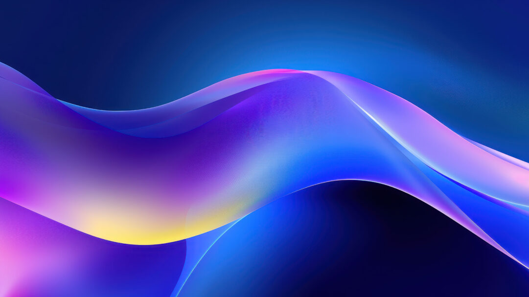 A mesmerizing 4K wallpaper features a grand, flowing abstract gradient wave of digital art stretching across a deep, dark blue background. Its luminous, ethereal ribbons transition smoothly from vibrant purples and pinks to bright blues and a subtle touch of yellow, creating a serene yet dynamic visual journey.