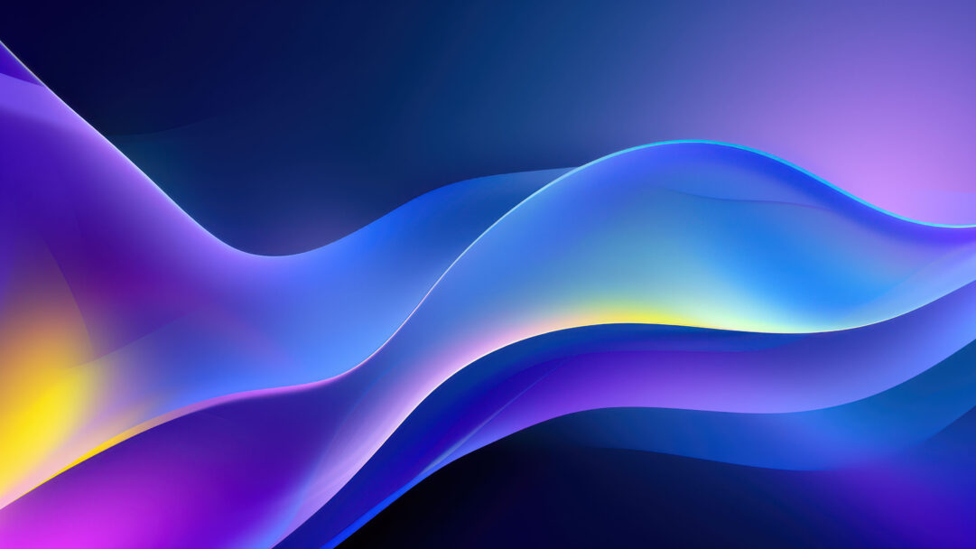 A breathtaking 4K wallpaper displaying an intricate composition of abstract, wavy forms crafted through stunning digital art, set against a deep blue and purple gradient background. Luminous waves of blue, violet, and hints of golden yellow seamlessly blend and overlap, creating a serene yet dynamic sense of depth and ethereal light.