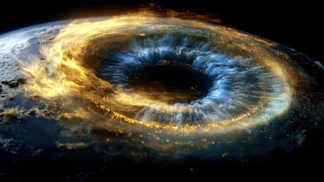 An ethereal 4K wallpaper depicts an abstract planet dominated by a dramatic swirl of gold and blue energy, set against the dark expanse of space. Glistening golden particles spiral outward, enveloping a deep, textured blue vortex that plunges into the planet's core, creating a dynamic and powerful cosmic spectacle.