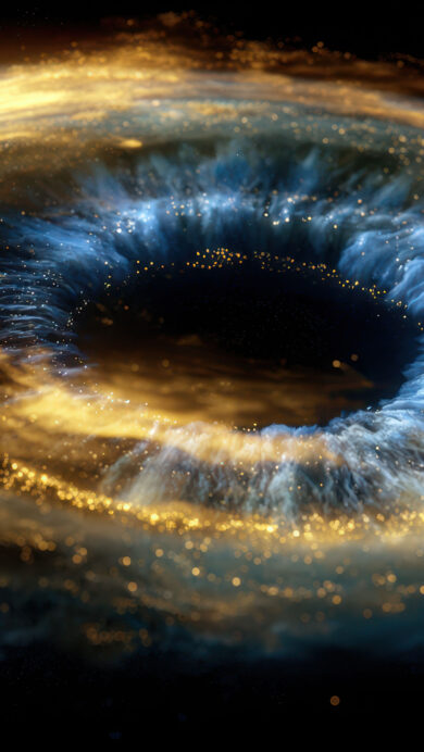 An ethereal 4K wallpaper depicts an abstract planet dominated by a dramatic swirl of gold and blue energy, set against the dark expanse of space. Glistening golden particles spiral outward, enveloping a deep, textured blue vortex that plunges into the planet's core, creating a dynamic and powerful cosmic spectacle.