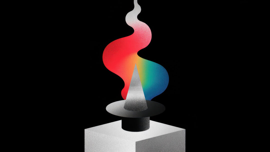 A vibrant 4K wallpaper showcases abstract rainbow gradient wave digital art, forming a fluid, flame-like plume that rises from a textured geometric base against a deep black backdrop. The dynamic color transition from vibrant red through greens and blues, culminating in a soft white tip, is enhanced by a subtle, grainy texture, creating a captivating visual contrast.