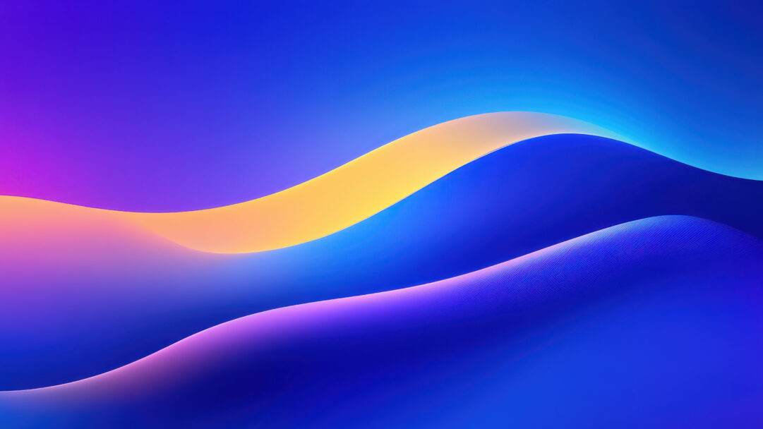 An exquisite 4K wallpaper presents an abstract landscape composed of smooth, flowing waves of color, a perfect example of contemporary digital art. The vibrant gradient transitions from deep sapphire and rich violet to luminous golden yellow and soft peach create a captivating interplay of light and shadow, giving the composition a serene yet dynamic mood.