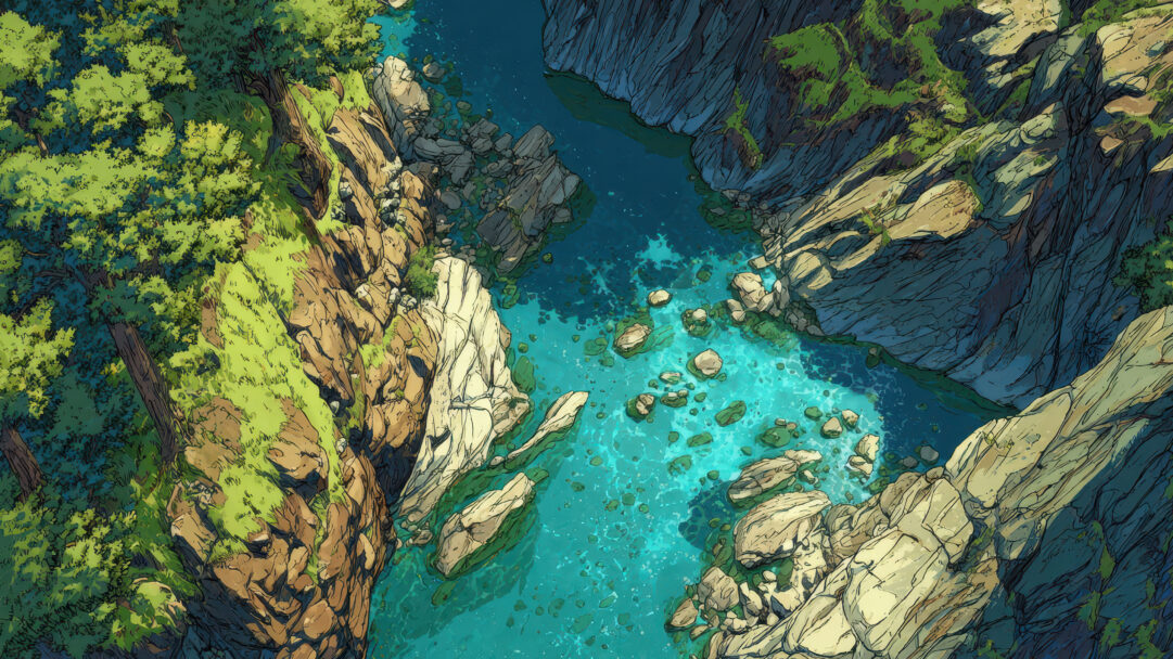 A breathtaking 4K wallpaper captures an aerial view of a vibrant turquoise river carving its way through a dramatic, lush canyon, expertly rendered as digital art. Sunlight illuminates the clear, shallow waters, revealing submerged rocks and creating a serene, inviting atmosphere amidst the towering, textured cliff faces.