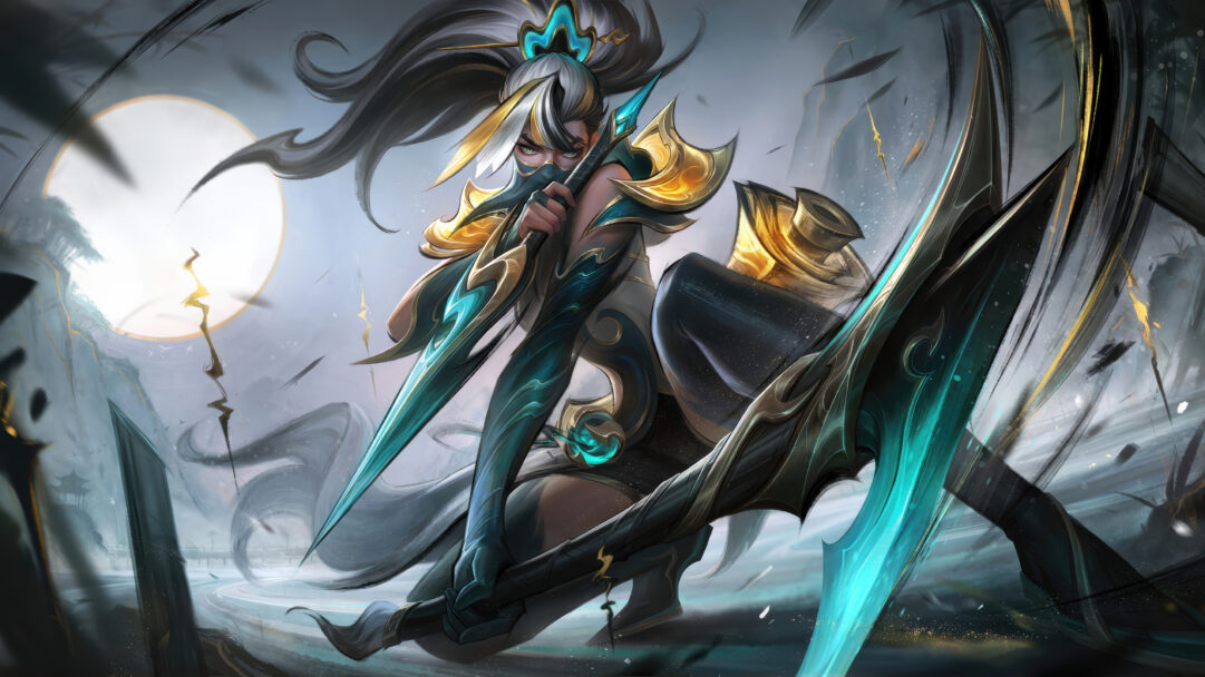 A breathtaking 4K wallpaper showcases Akali in her Calligraphia Skin, poised dynamically with her dual blades amidst a stylized, ink-infused landscape beneath a pale moon. Her fierce, masked gaze and the vibrant teal glow of her weapons and armor stand out against the muted tones and dramatic, swirling brushstrokes that define the scene’s artistic and intense mood.