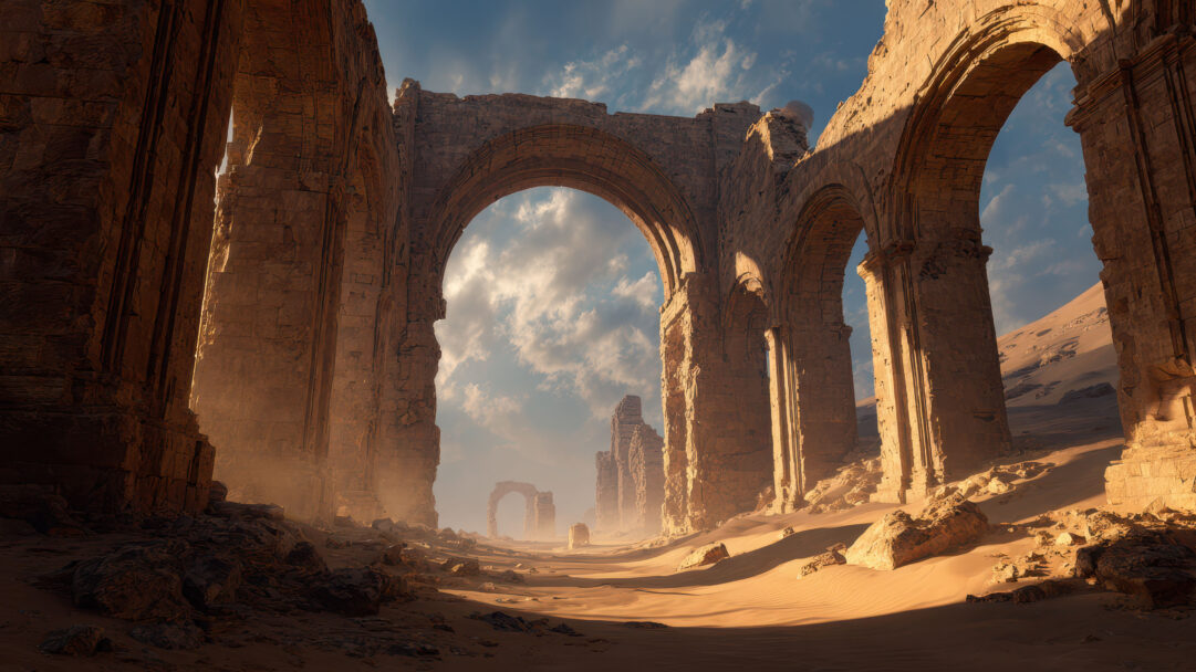 An atmospheric 4K wallpaper showcasing ancient stone arches and crumbling structures within a vast, sun-drenched desert landscape, created as a magnificent piece of digital art. Golden light illuminates the weathered sandstone, emphasizing the dramatic scale of the ruins and casting long, sharp shadows across the undulating sand dunes, evoking a sense of ancient grandeur and solitude.