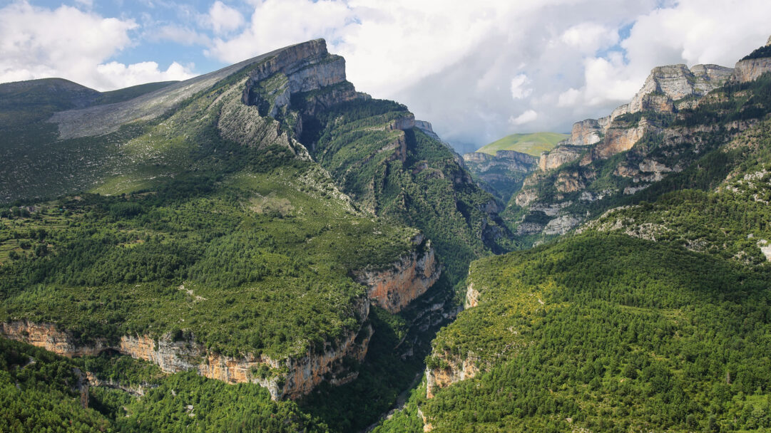A breathtaking 4K wallpaper captures the majestic Añisclo Canyon, a vast mountain forest landscape within Ordesa y Monte Perdido National Park. Sunlight dramatically illuminates the towering, rugged canyon walls and lush green slopes, emphasizing the immense scale and natural beauty under a partly cloudy sky.