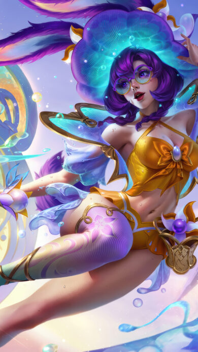A stunning 4K wallpaper portrays Aurora in her Summer Party Exquisite Edition skin from LoL Wild Rift, a vibrant mage with flowing purple hair and a golden swimsuit, energetically leaping through a magical, aqua-infused summer world. Luminous streams of cerulean and golden water swirl around her, emanating from her magical staff, creating a dazzling display of light and effervescent bubbles.