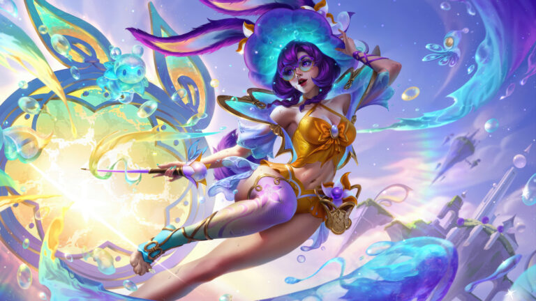 A stunning 4K wallpaper portrays Aurora in her Summer Party Exquisite Edition skin from LoL Wild Rift, a vibrant mage with flowing purple hair and a golden swimsuit, energetically leaping through a magical, aqua-infused summer world. Luminous streams of cerulean and golden water swirl around her, emanating from her magical staff, creating a dazzling display of light and effervescent bubbles.