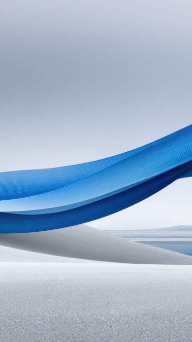 A captivating 4K wallpaper showcases a sweeping blue abstract wave created through digital art, dynamically arcing over a serene, minimalist landscape of white dunes. Its elegant, multi-layered curves exhibit a vibrant gradient of blues, creating a fluid and tranquil mood against the stark, muted backdrop.