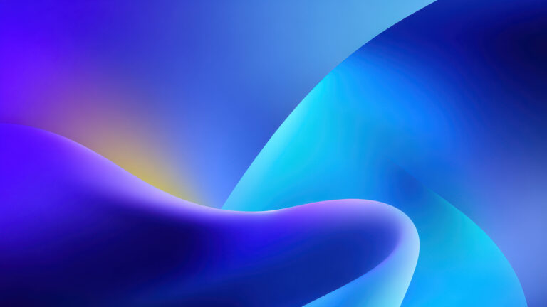 A captivating 4K wallpaper features fluid, undulating forms of digital art, where deep blues and vibrant purples flow across an abstract, ethereal space. Luminous gradients transition seamlessly through various shades, creating a serene and modern visual depth.