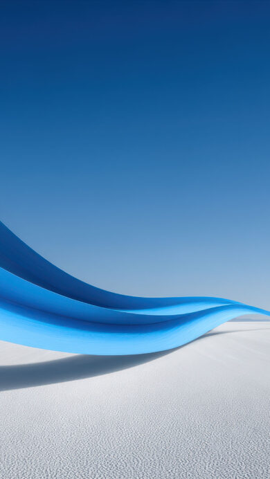 A sweeping 4K wallpaper showcases a dynamic blue ribbon curve of digital art floating gracefully over a vast, textured white landscape under a clear blue sky. The ribbon displays vibrant gradients of light and dark blue, casting a long, soft shadow that adds depth and movement to the minimalist, serene scene.
