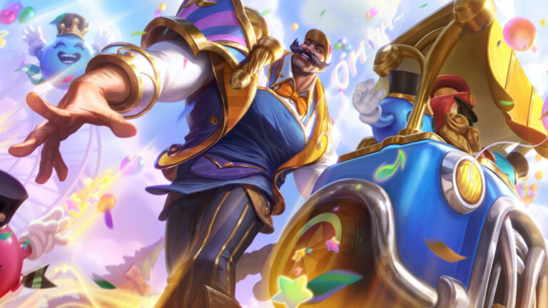 A vibrant 4K wallpaper showcasing Braum from LoL Wild Rift in his elaborate Garden Party skin, beaming joyfully as he extends a hand amidst a fantastical outdoor festival. The scene bursts with dazzling light and a shower of colorful confetti, balloons, and playful animated characters, creating an utterly festive and whimsical mood.
