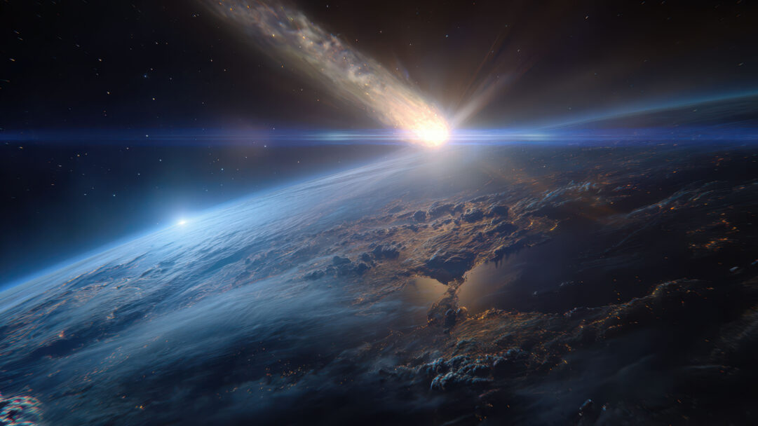 A breathtaking 4K wallpaper depicting a bright meteor streaking spectacularly through Earth's upper atmosphere, seen from orbit above night-lit continents. The incandescent meteor creates a brilliant explosion of light and an elongated fiery tail that casts intense lens flares across the dark, star-dusted cosmic backdrop.