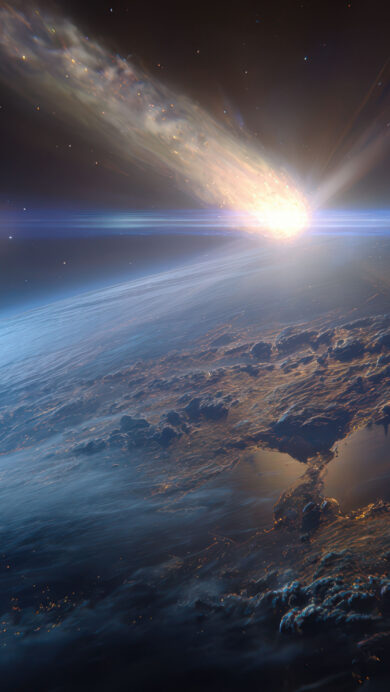 A breathtaking 4K wallpaper depicting a bright meteor streaking spectacularly through Earth's upper atmosphere, seen from orbit above night-lit continents. The incandescent meteor creates a brilliant explosion of light and an elongated fiery tail that casts intense lens flares across the dark, star-dusted cosmic backdrop.