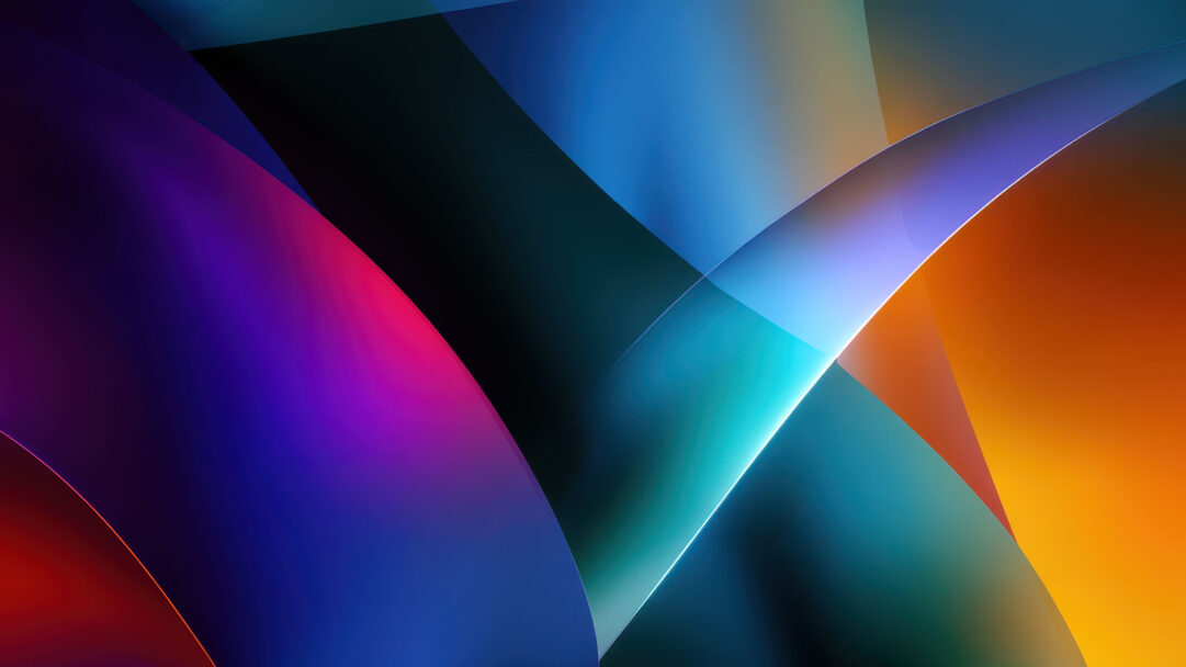 A captivating 4K wallpaper showcases a dynamic, abstract composition of intersecting colorful gradients. The intricate digital art features luminous, curved bands of purple, blue, teal, and orange, creating a sense of fluid movement and modern elegance.