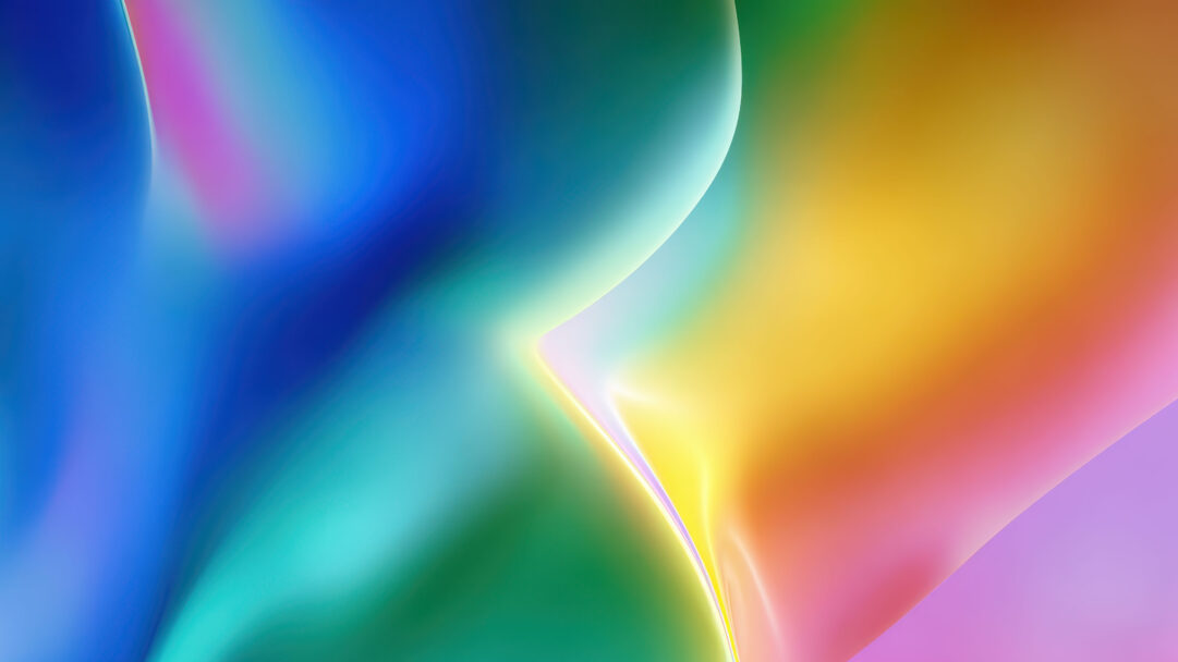 An immersive 4K wallpaper features a flowing composition of vibrant, undulating digital art waves against a softly blended gradient backdrop. Brilliant luminous curves define these abstract forms, creating a dynamic visual flow with smooth transitions from cool blues and greens to warm yellows, oranges, and pinks.