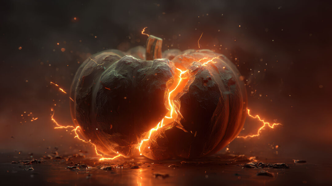 An electrifying 4K wallpaper showcases a dark, textured Halloween pumpkin split open with intense energy in a smoky, shadowy setting. Vibrant orange lightning pulsates from its deep fissures, illuminating surrounding wisps of smoke and scattered debris, creating a powerful and eerie atmosphere.