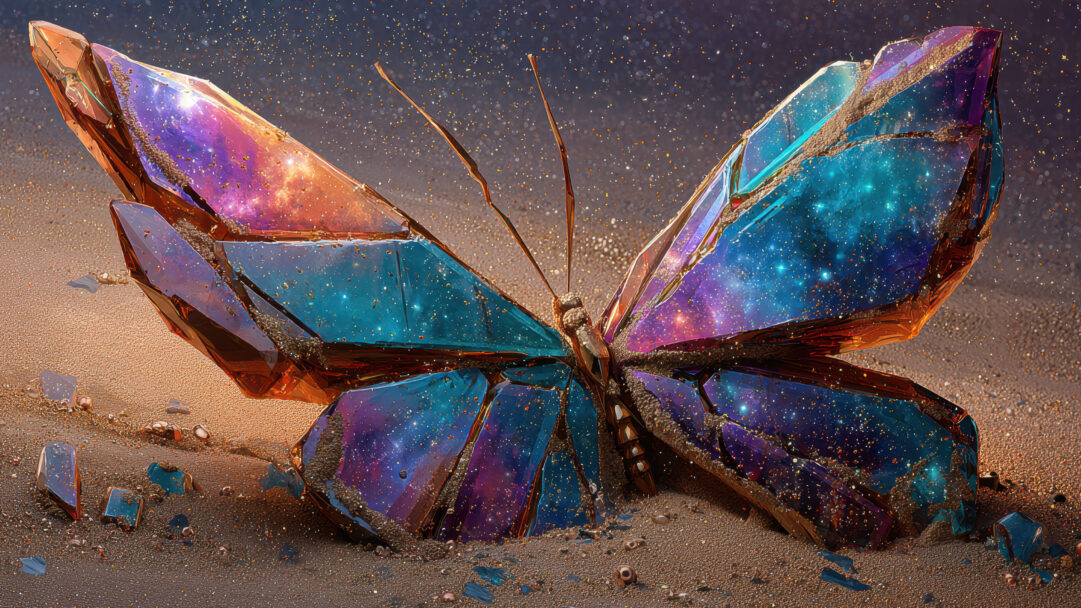 A wondrous 4K wallpaper unveils a magnificent crystal butterfly, its segmented wings vividly patterned with swirling galaxies, resting on a subtly textured field of sand. Its jewel-like wings shimmer with internal galaxy formations of deep blues, purples, and oranges, casting a soft, celestial glow upon the detailed, golden grains around it.