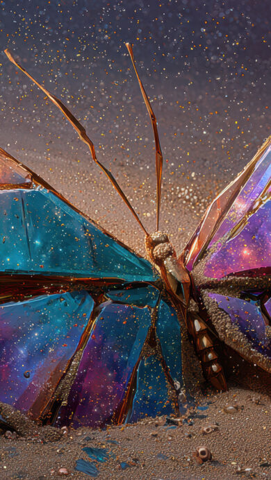 A wondrous 4K wallpaper unveils a magnificent crystal butterfly, its segmented wings vividly patterned with swirling galaxies, resting on a subtly textured field of sand. Its jewel-like wings shimmer with internal galaxy formations of deep blues, purples, and oranges, casting a soft, celestial glow upon the detailed, golden grains around it.