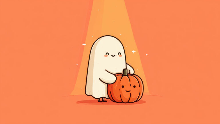 A delightful 4K wallpaper showcases a cute cartoon Halloween ghost gently embracing a smiling orange pumpkin, centered under a warm golden spotlight. The soft glow illuminates their cheerful faces and plump forms, creating a warm and inviting atmosphere.