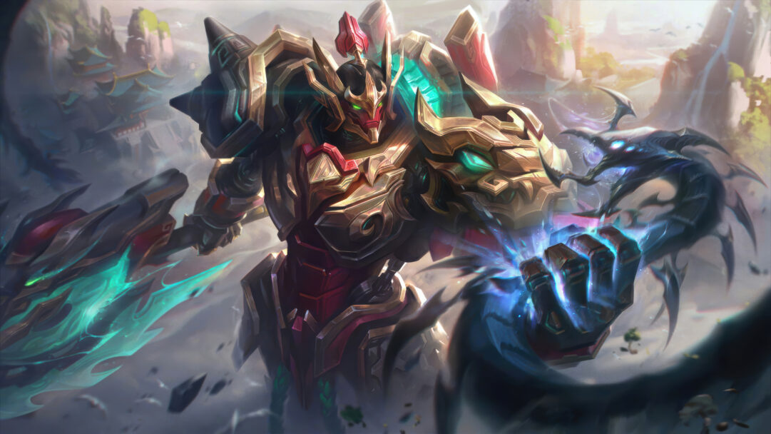 A grand 4K wallpaper showcases Darius in his formidable Mecha Kingdom skin, standing ready for battle amidst a mystical, fog-shrouded mountain range dotted with traditional Eastern pagodas. His ornate gold and red armor, with glowing green eyes, is powerfully highlighted by the intense blue energy crackling from his outstretched hand, forming a spectral dragon.