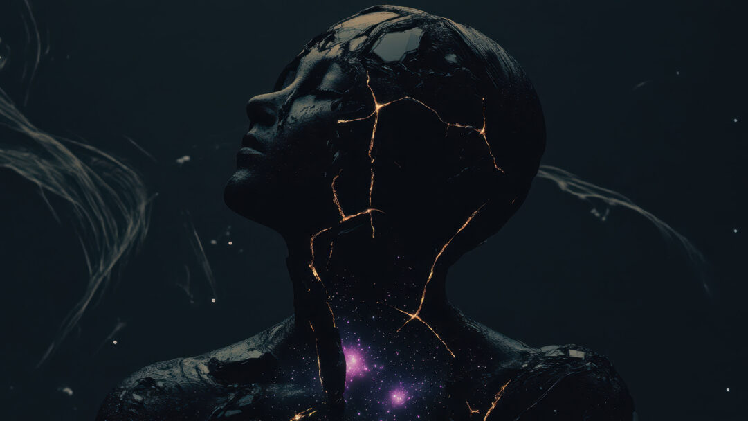 A magical 4K wallpaper showcases a dark, fractured human figure, its head tilted slightly upward, set against a subtle, deep cosmic expanse. Golden cracks illuminate its obsidian-like surface, revealing a vibrant purple galaxy brimming with stars within its core, evoking a profound sense of inner universe.