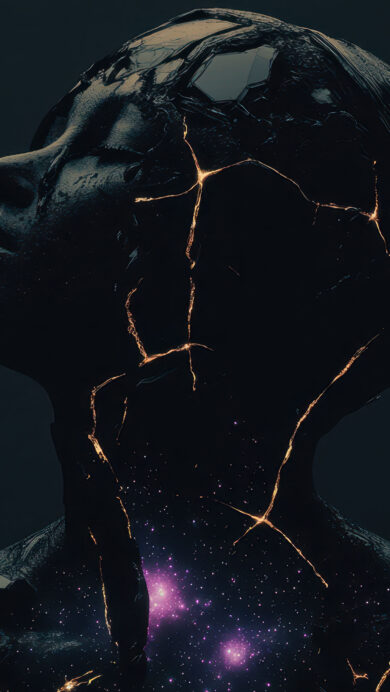 A magical 4K wallpaper showcases a dark, fractured human figure, its head tilted slightly upward, set against a subtle, deep cosmic expanse. Golden cracks illuminate its obsidian-like surface, revealing a vibrant purple galaxy brimming with stars within its core, evoking a profound sense of inner universe.