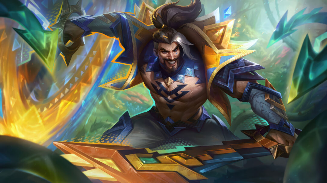 A dynamic 4K wallpaper featuring Draven in his Mystical Herald skin from LoL Wild Rift, depicted in a powerful, action-ready stance within a vibrant, crystalline jungle. Brilliant golden and deep blue geometric energies erupt around him, emphasizing his confident, almost predatory grin as his ornate weapon gleams with a mystical aura.