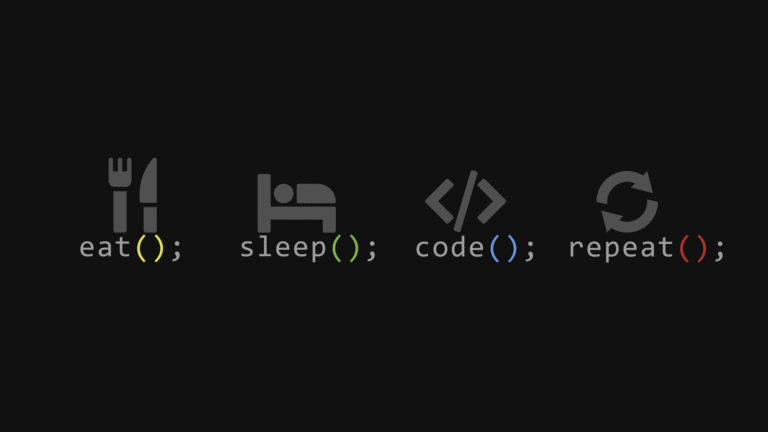 A minimalist 4K wallpaper showcasing the iconic 'Eat Sleep Code Repeat' mantra of a programmer on a stark dark background. This clever digital art piece visually represents each stage – eat, sleep, code, and repeat – through stylized grey icons paired with their respective action calls in varying colored parentheses, underscoring a dedicated coding lifestyle.