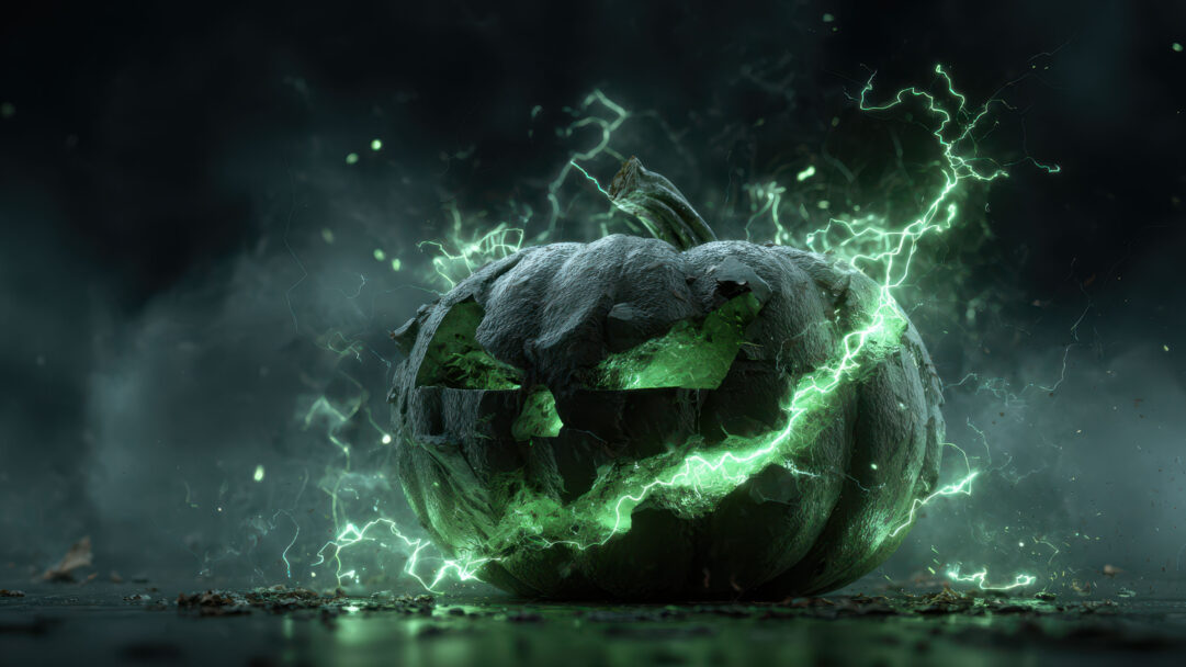 An electrifying 4K wallpaper showcases a menacing Halloween pumpkin, carved into a glowing jack-o'-lantern, resting on a dark, damp surface amidst swirling mist. Vibrant electric green lightning bolts powerfully surge and crackle around its rough texture and through its jagged features, creating a truly eerie atmosphere.